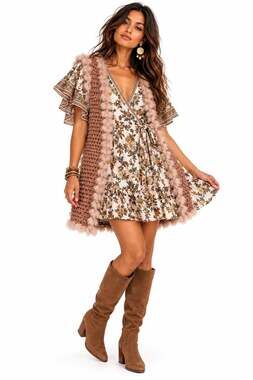 Vintage Rabbit Fur Crochet Vest & Max Studio Floral Boho Dress Set S